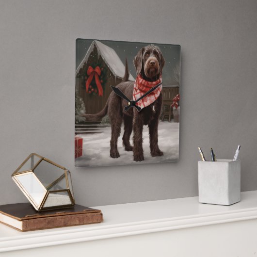 Wirehaired Pointing Dog in Sneeuw Kerstmis Vierkante Klok (Kantoor)