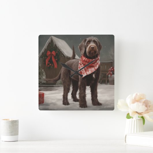 Wirehaired Pointing Dog in Sneeuw Kerstmis Vierkante Klok (Huis)