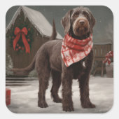 Wirehaired Pointing Dog in Sneeuw Kerstmis Vierkante Sticker (Voorkant)