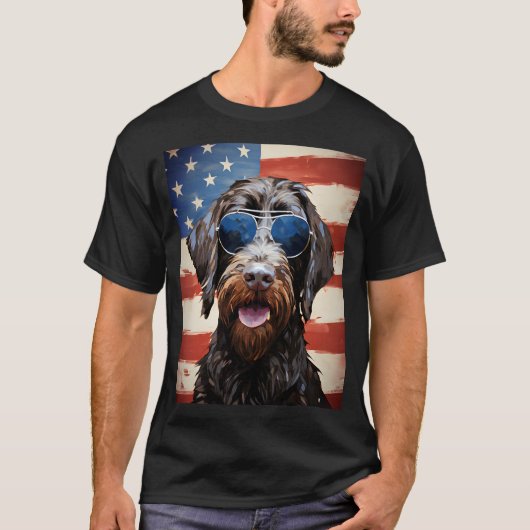 Wirehaired Pointing Griffon 4th Juli Amerikaanse v T-shirt (Voorkant)