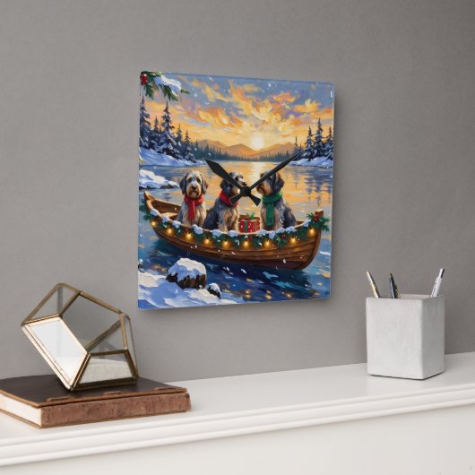 Wirehaired Pointing Griffon Christmas Boat Holiday Vierkante Klok (Kantoor)