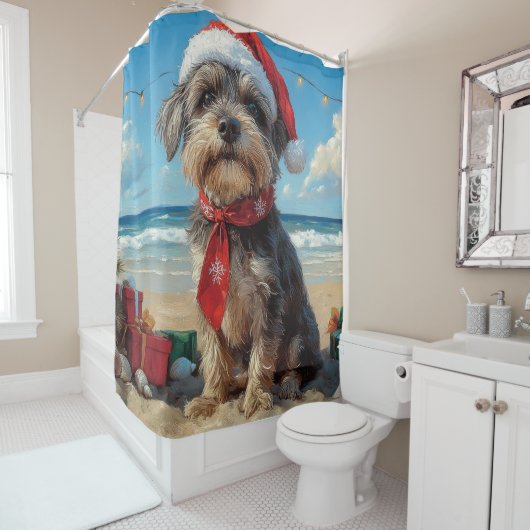 Wirehaired Pointing Griffon Dog Christmas Beach Douchegordijn (In situ)