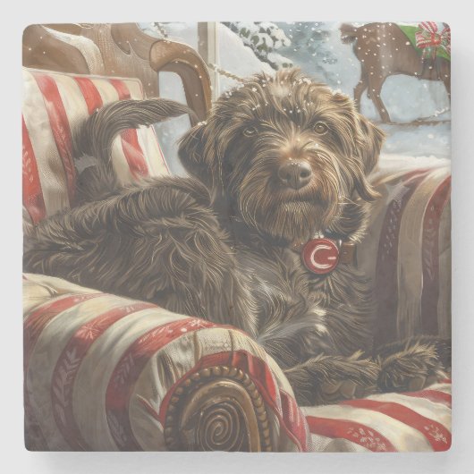 Wirehaired Pointing Griffon Dog Kerstfeest Stenen Onderzetter (Voorkant)