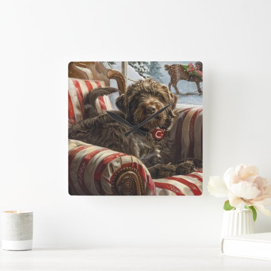 Wirehaired Pointing Griffon Dog Kerstfeest Vierkante Klok (Huis)