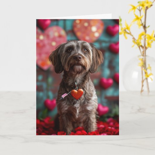 Wirehaired Pointing Griffon Hearts Valentijnsdag Kaart (Gele Bloem)