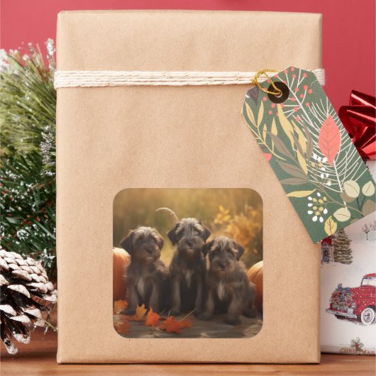 Wirehaired Pointing Griffon Puppy Autumn Vierkante Sticker (Feestdagen)