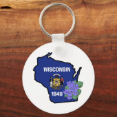 Wisconsin Flag & Flower Blue Violet Aangepaste naa Sleutelhanger (Voorkant)