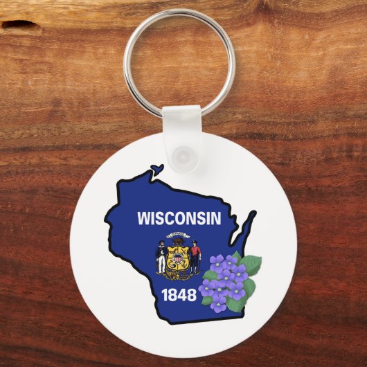 Wisconsin Flag & Flower Blue Violet Aangepaste naa Sleutelhanger (Voorkant)