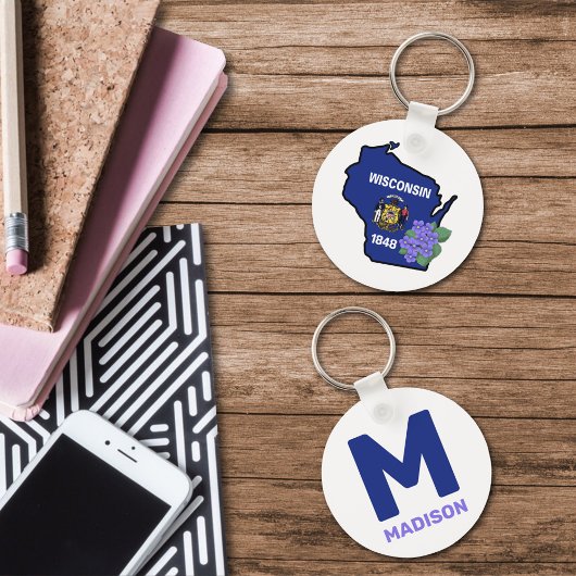 Wisconsin Flag & Flower Blue Violet Aangepaste naa Sleutelhanger