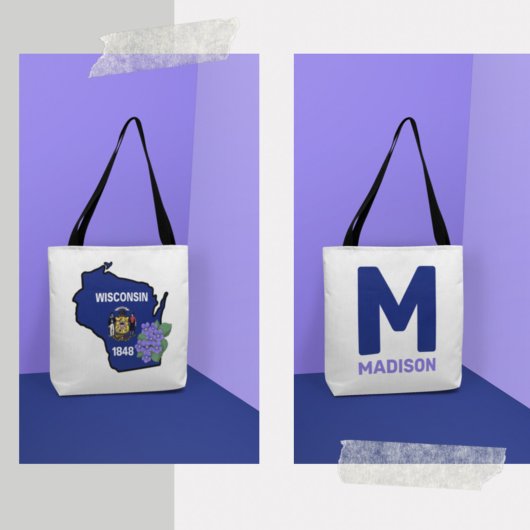 Wisconsin Flag & Flower Blue Violet Aangepaste naa Tote Bag