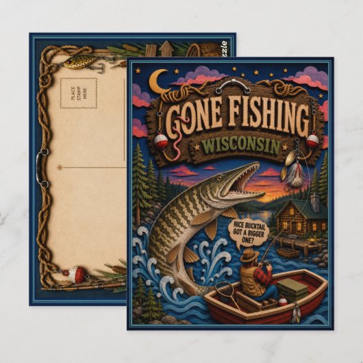 Wisconsin Gone Fishing Muskellunge Briefkaart (Voorkant / Achterkant)
