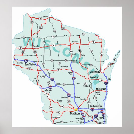 Wisconsin Interstate Map Print (Voorkant)