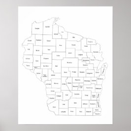 Wisconsin-kaart met namen van provincies in de sta poster