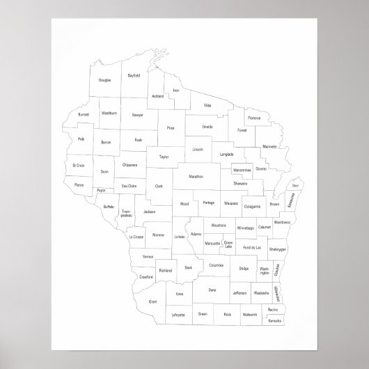 Wisconsin-kaart met namen van provincies in de sta poster (Voorkant)