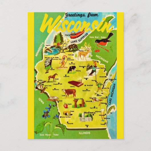 Wisconsin Kaart Vintage Ansichtkaart (Voorkant)
