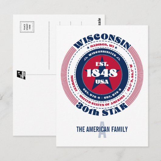 Wisconsin, Madison, WI, Patriottisch, Monogram Briefkaart (Voorkant / Achterkant)