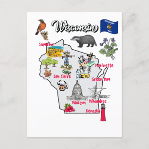 Wisconsin Map met toeristische bestemmingen Briefkaart