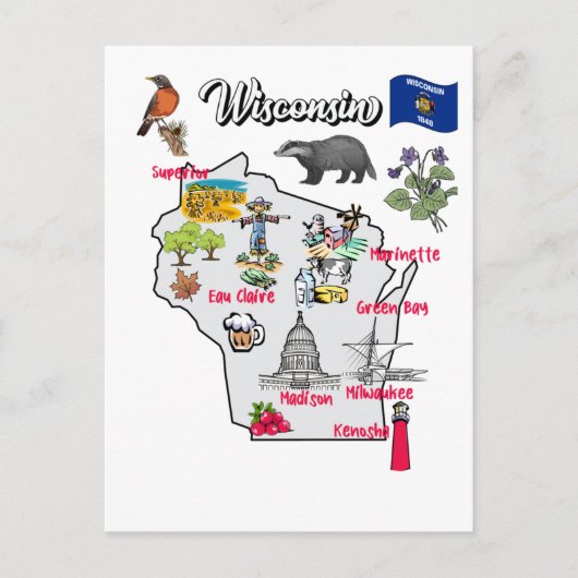 Wisconsin Map met toeristische bestemmingen Briefkaart (Voorkant)