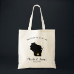 Wisconsin Map Wedding Welcome Bag Tas Black, Gold<br><div class="desc">Het weekend van de bruiloft heet cadeautas voor gasten uit de stad voor je bruiloft,  met afbeelding van Wisconsin,  met gouden hart.  Vul tas met je favoriete godies.</div>