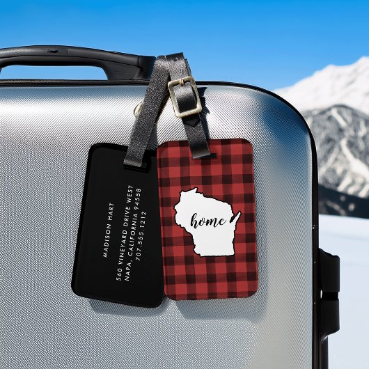 Wisconsin | Red & Black Buffalo Plaid Home State Bagagelabel