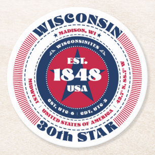 Wisconsin Rood Wit Blauw Typografie Ronde Kartonnen Onderzetter