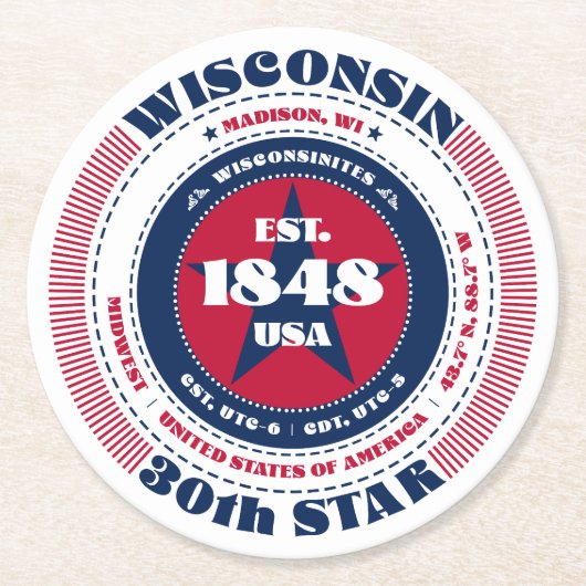 Wisconsin Rood Wit Blauw Typografie Ronde Kartonnen Onderzetter (Voorkant)