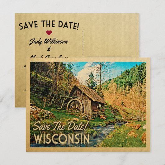 Wisconsin Save the Date Rustic Cabin Mill Bossen Aankondigingskaart (Voorkant / Achterkant)