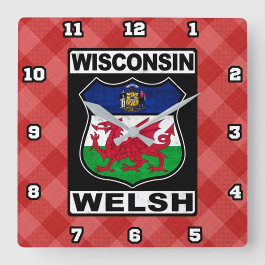 Wisconsin Welsh American Wall Clock Vierkante Klok (Voorkant)