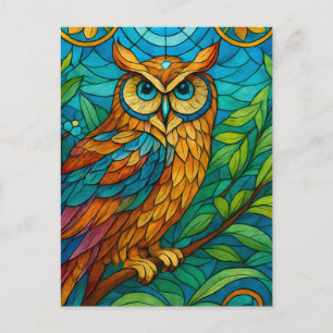 Wisdom in Glas Gebrandschilderde Uil met Bloemen  Briefkaart