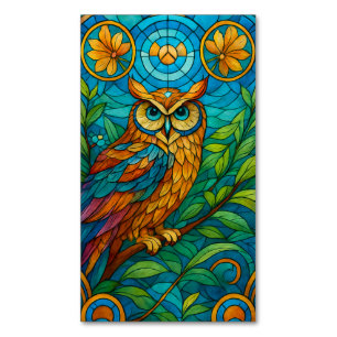 Wisdom in Glas Gebrandschilderde Uil met Bloemen Magnetisch Visitekaartje