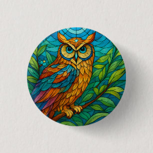 Wisdom in Glas Gebrandschilderde Uil met Bloemen  Ronde Button 3,2 Cm