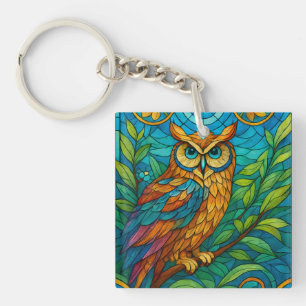 Wisdom in Glas Gebrandschilderde Uil met Bloemen Sleutelhanger