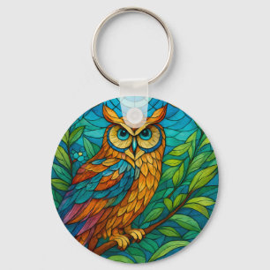 Wisdom in Glas Gebrandschilderde Uil met Bloemen Sleutelhanger