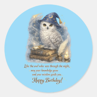 Wisdom & Knowledge Snow Owl Happy Birthday Card Ronde Sticker