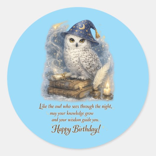 Wisdom & Knowledge Snow Owl Happy Birthday Card Ronde Sticker (Voorkant)