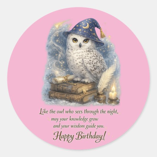 Wisdom & Knowledge Snow Owl Happy Birthday Ronde Sticker (Voorkant)