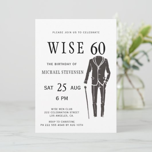 Wise 60 zwart-wit formeel man verjaardagsfeestje kaart (Staand voorkant)