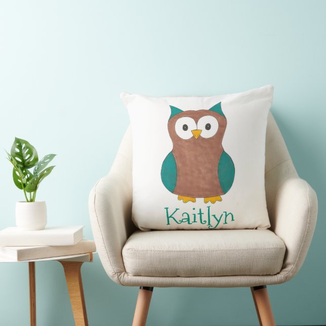 Wise Brown Blauwe Owl Bird Bedroom Gepersonaliseer Kussen (Stoel)