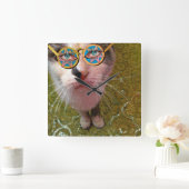 Wise Cat Human Eyes and Funny Glasses Poster Vierkante Klok (Huis)