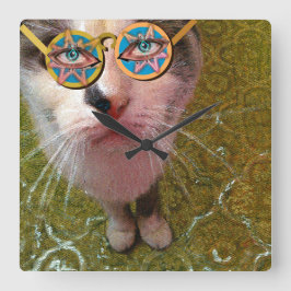 Wise Cat Human Eyes and Funny Glasses Poster Vierkante Klok