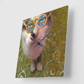 Wise Cat Human Eyes and Funny Glasses Poster Vierkante Klok (Hoek)