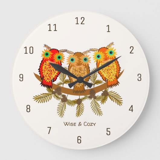 Wise & Cozy – Drie Oranje Uilen Kunst Grote Klok (Voorkant)
