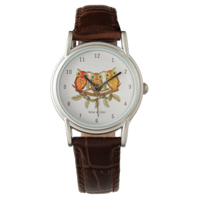 Wise & Cozy – Three Orange Owls Art Horloge (Voorkant)