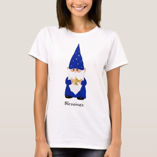 Wise Gnome met blauw en Lamp T-shirt (Voorkant)