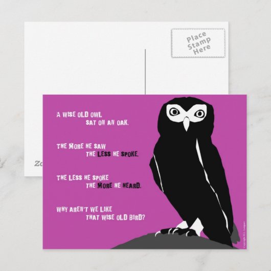 Wise Old Owl Briefkaart in Cerise (Voorkant / Achterkant)