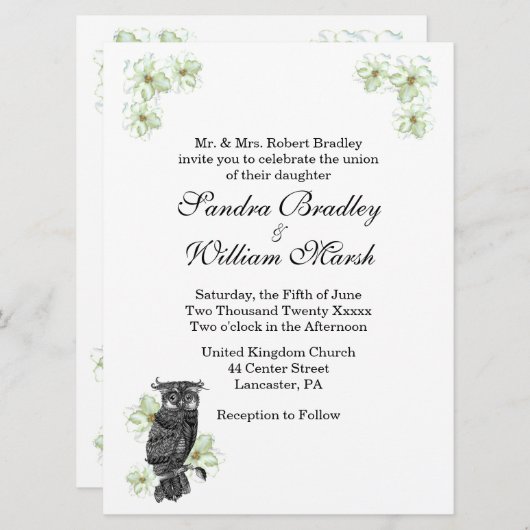 Wise Owl Green Flowers Wedding Invitation Kaart (Voorkant / Achterkant)