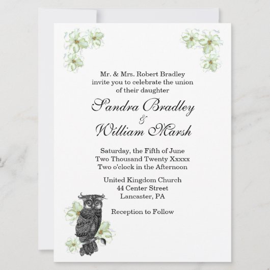 Wise Owl Green Flowers Wedding Invitation Kaart (Voorkant)