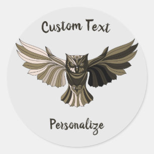 Wise Owl in Flight Brown Tan Custom Made Ronde Sticker