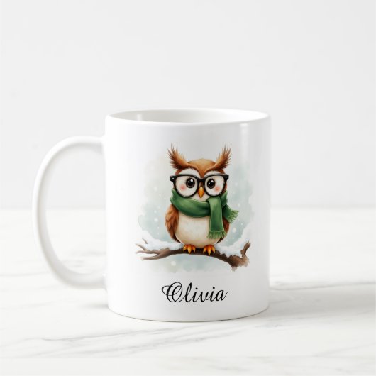 Wise Owl in Glasses & Scarf Custom Name Mug Koffiemok (Links)