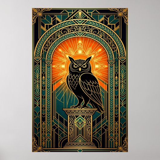 Wise Owl Silhouette Art Deco Midnight Gold Poster (Voorkant)